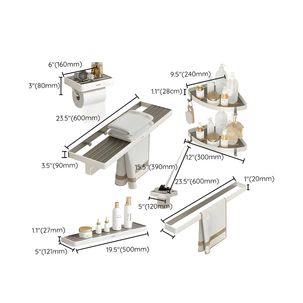 Metal White Adhesive Mount Storage Bathroom Hardware Set 