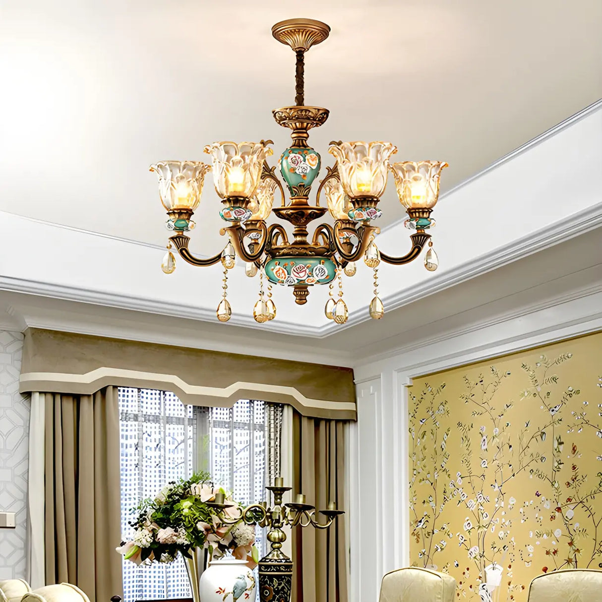 Mid-Century Floral Brass Branch Living Room Chandelier Image - 15