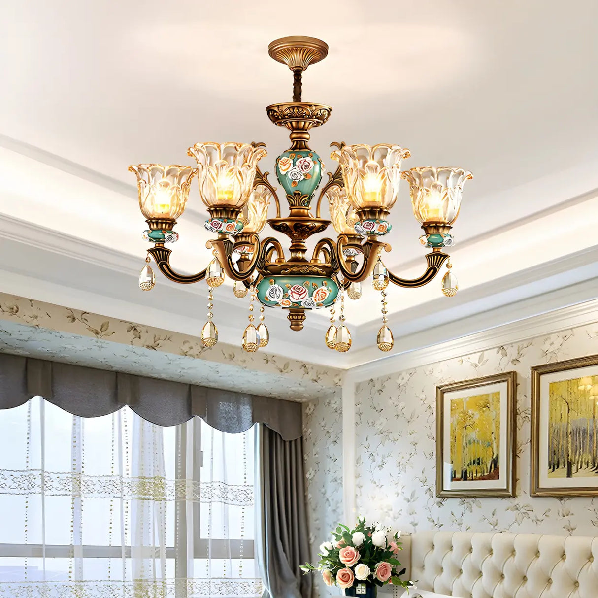 Mid-Century Floral Brass Branch Living Room Chandelier Image - 4