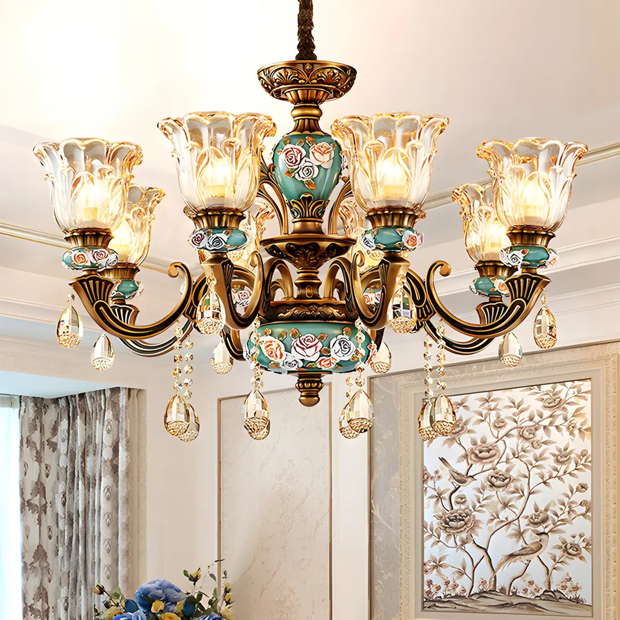 Mid-Century Floral Brass Branch Living Room Chandelier Image - 6
