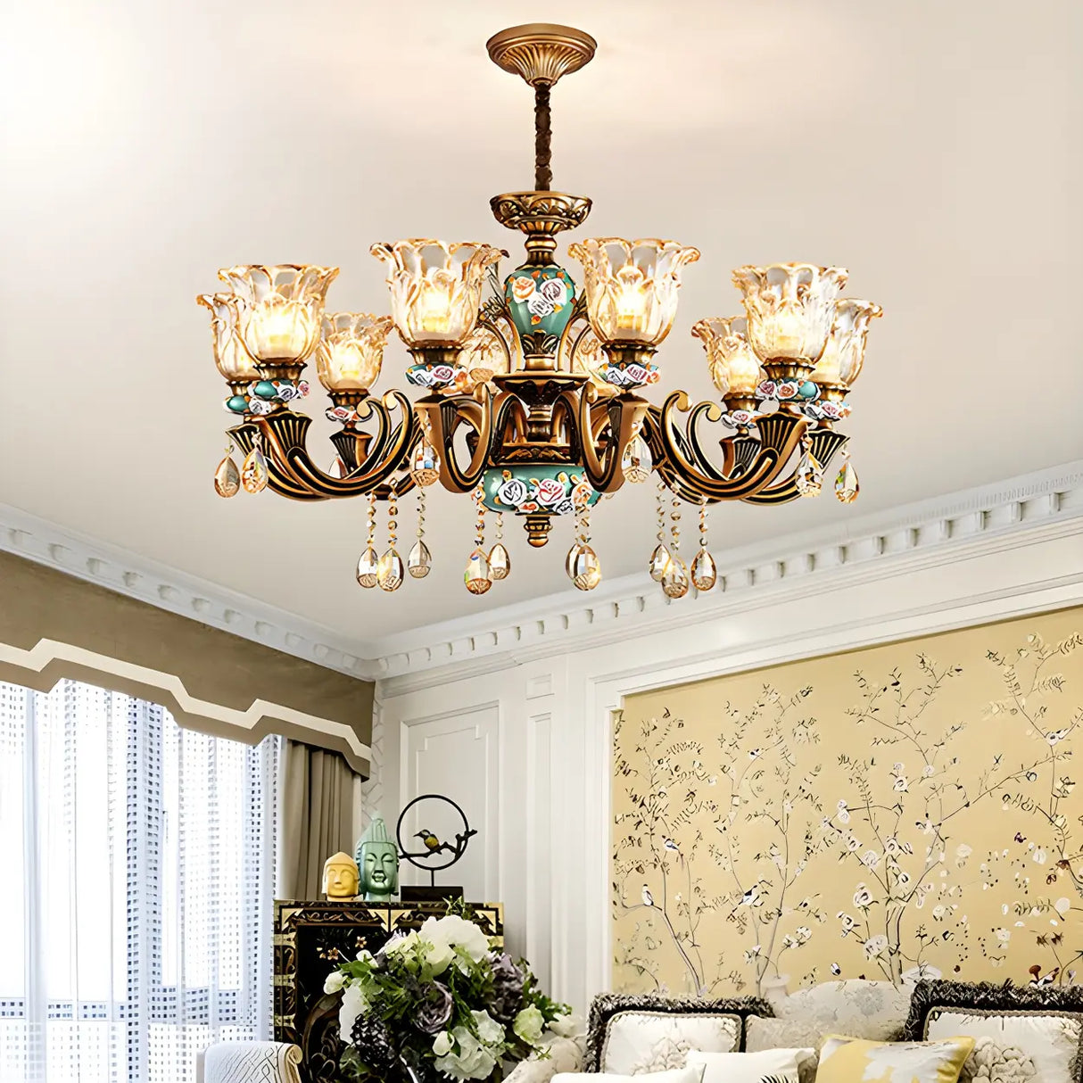 Mid-Century Floral Brass Branch Living Room Chandelier Image - 8