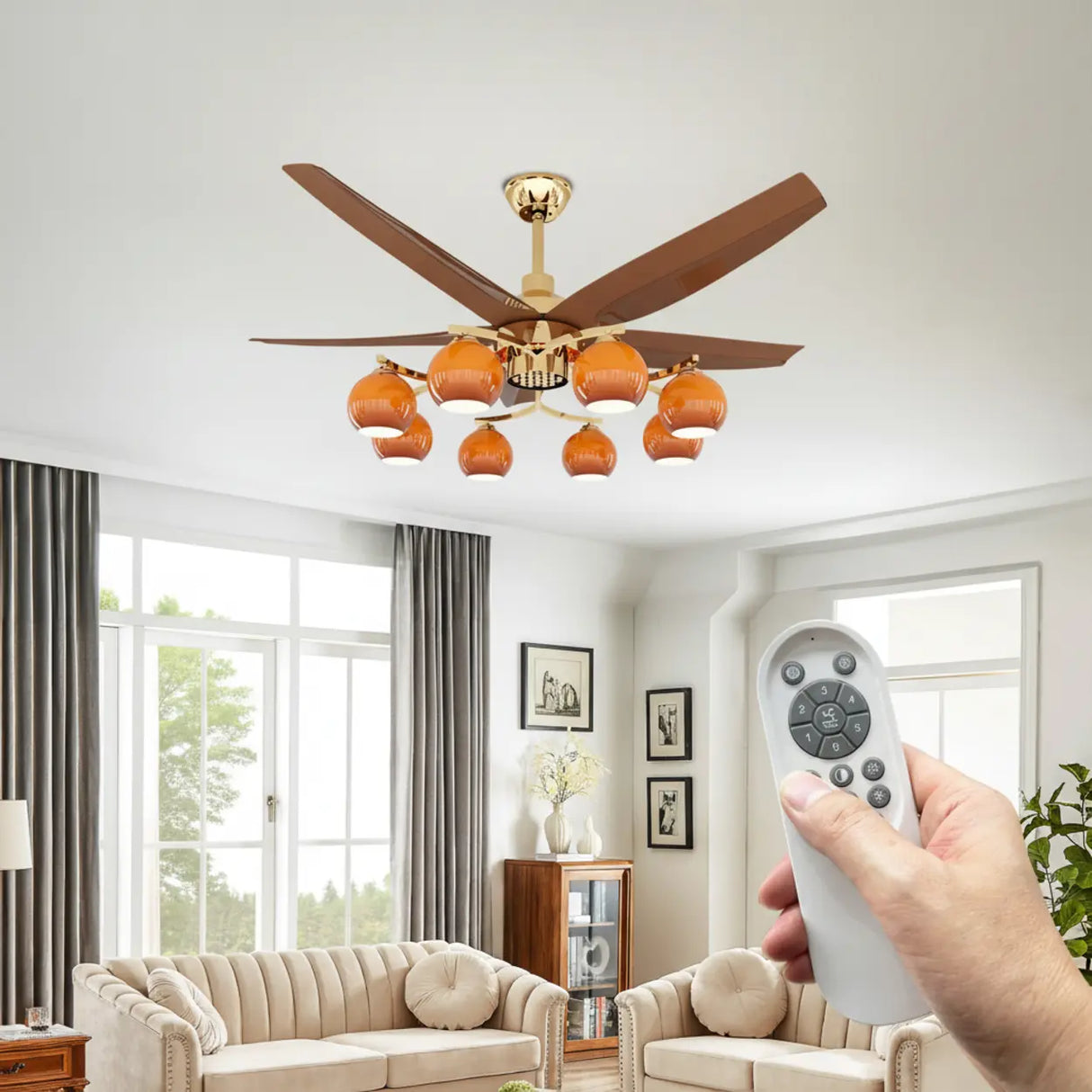 Mid-Century Large Remote Control Orange Ceiling Fan Light Image - 10
