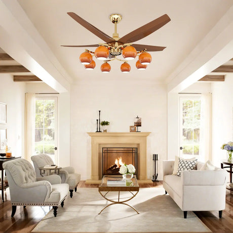 Mid-Century Large Remote Control Orange Ceiling Fan Light Image - 2