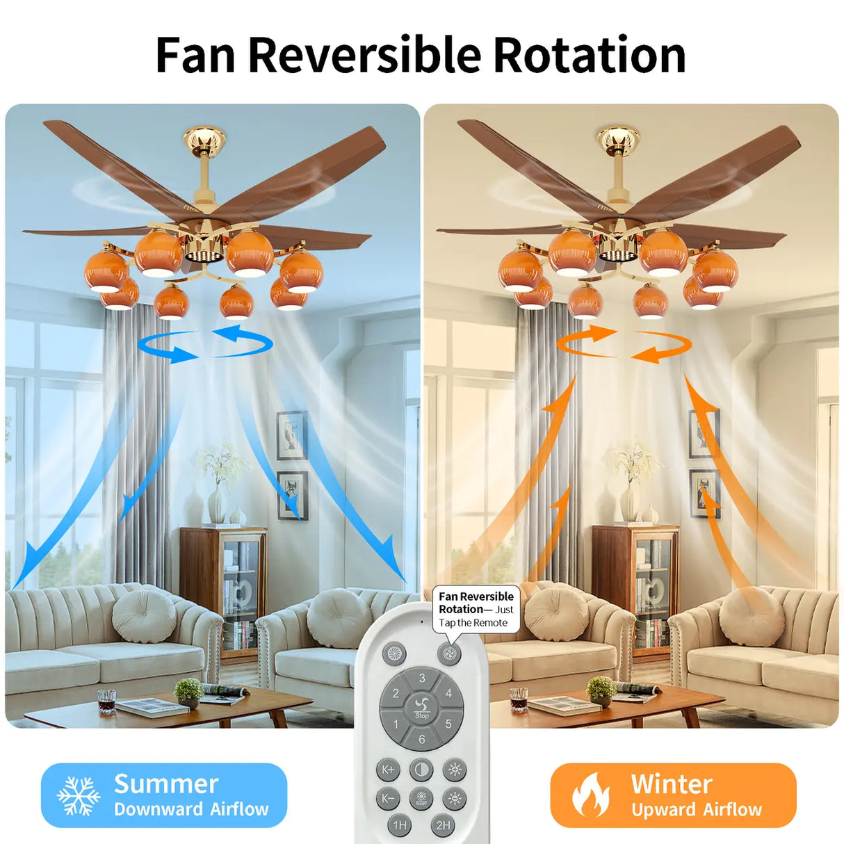 Mid-Century Large Remote Control Orange Ceiling Fan Light Image - 6