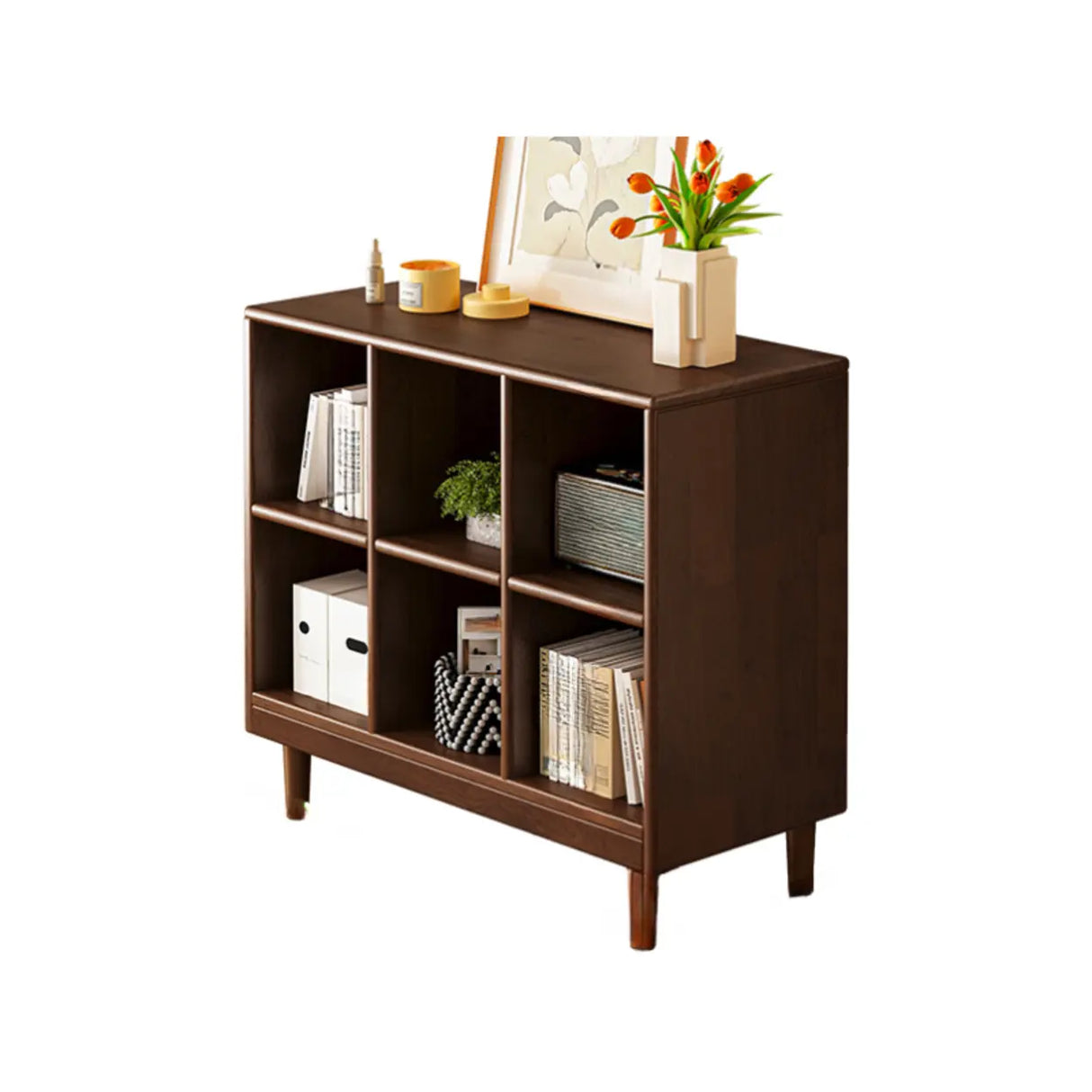 Mid-Century Low Modular Cube Wood Vertical Bookshelf Bookcase Image - 5