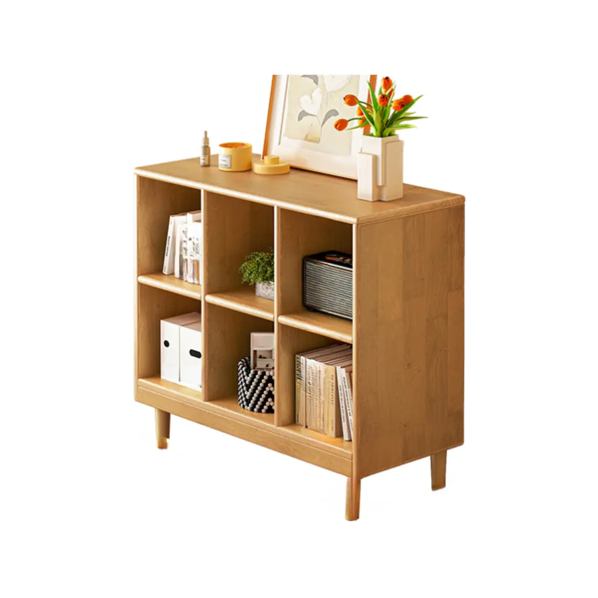 Mid-Century Low Modular Cube Wood Vertical Bookshelf Bookcase Image - 7