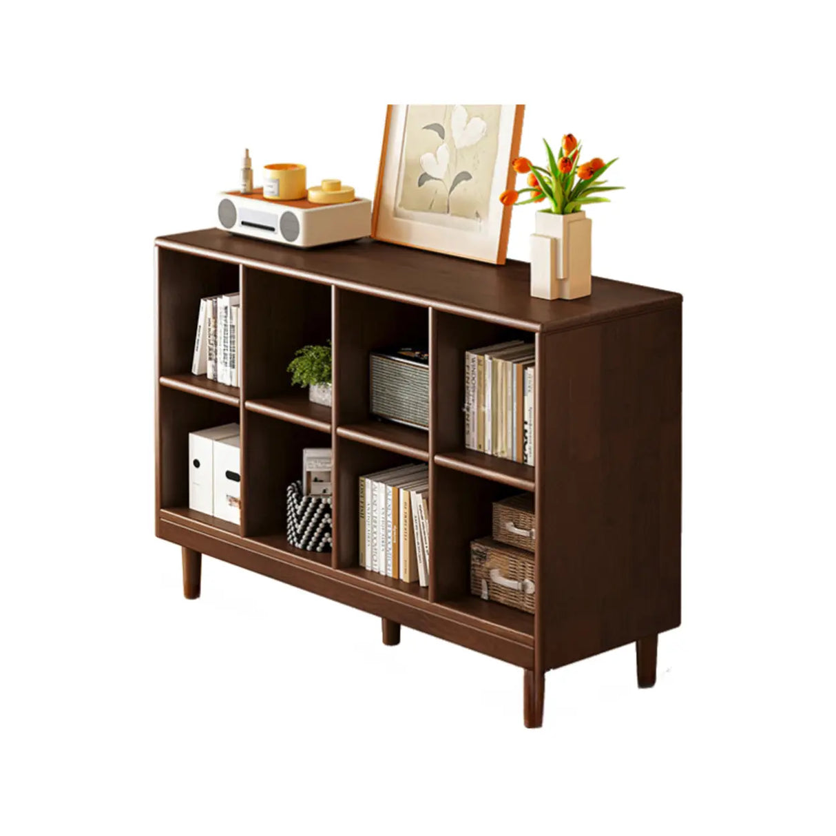 Mid-Century Low Modular Cube Wood Vertical Bookshelf Bookcase Image - 9