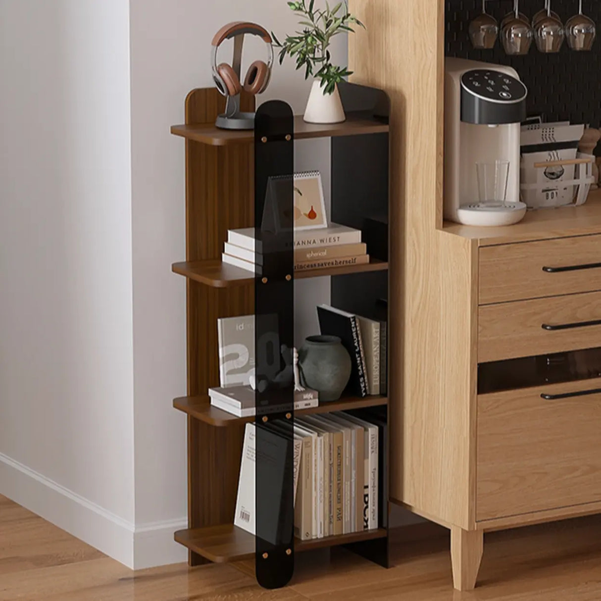 Mid-Century Modern 4-Tier Wood Vertical Corner Bookshelf Image - 6