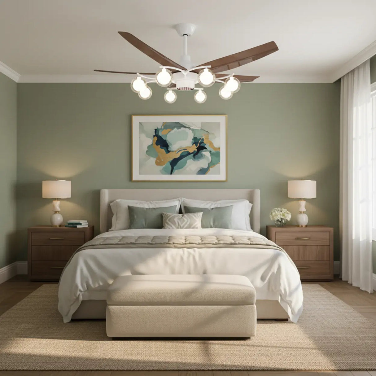 Mid-Century Modern 5-Blade 52-inch White Celing Fan Light Image - 3