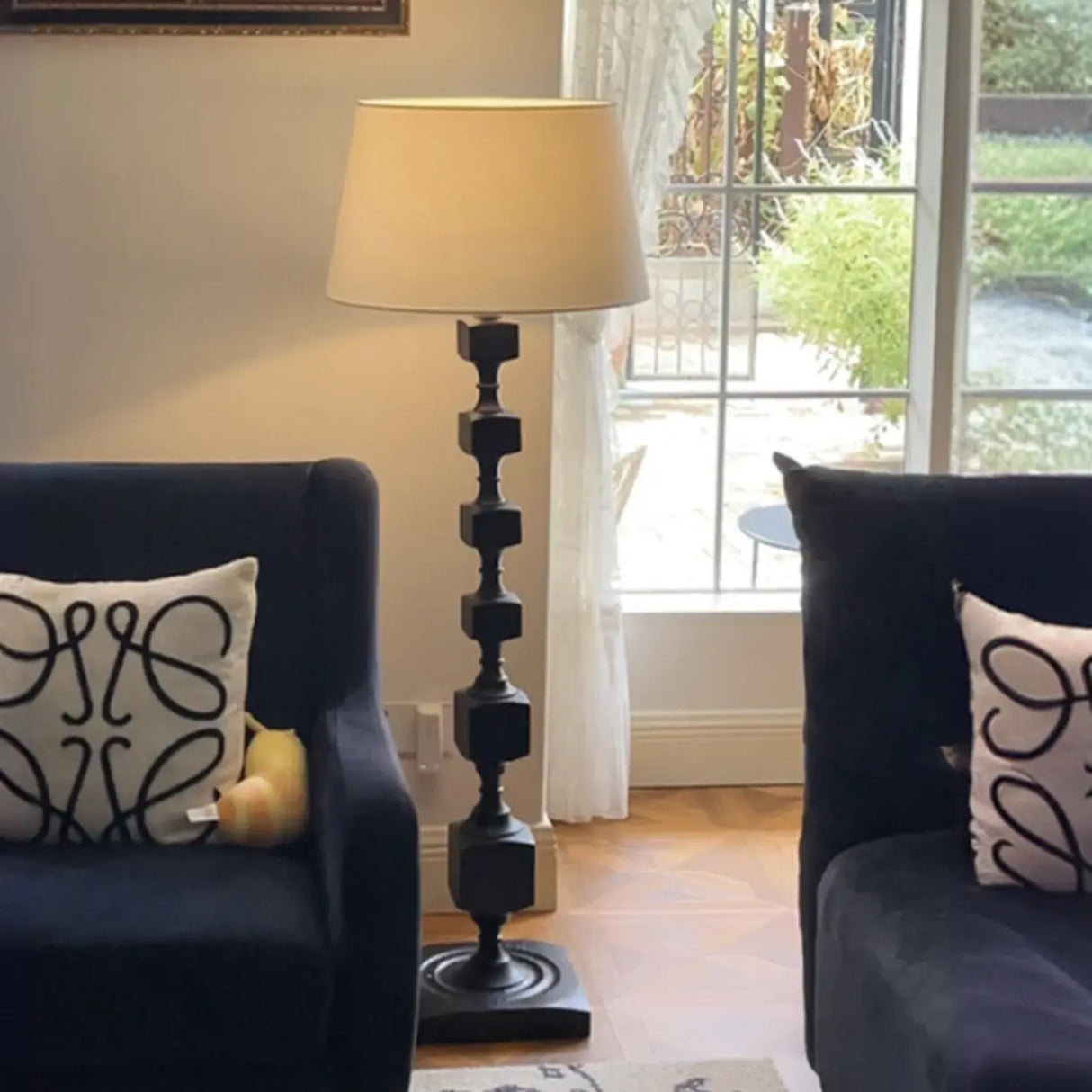 Mid-Century Modern Barrel Fabric Black Wood Floor Lamp Image - 1