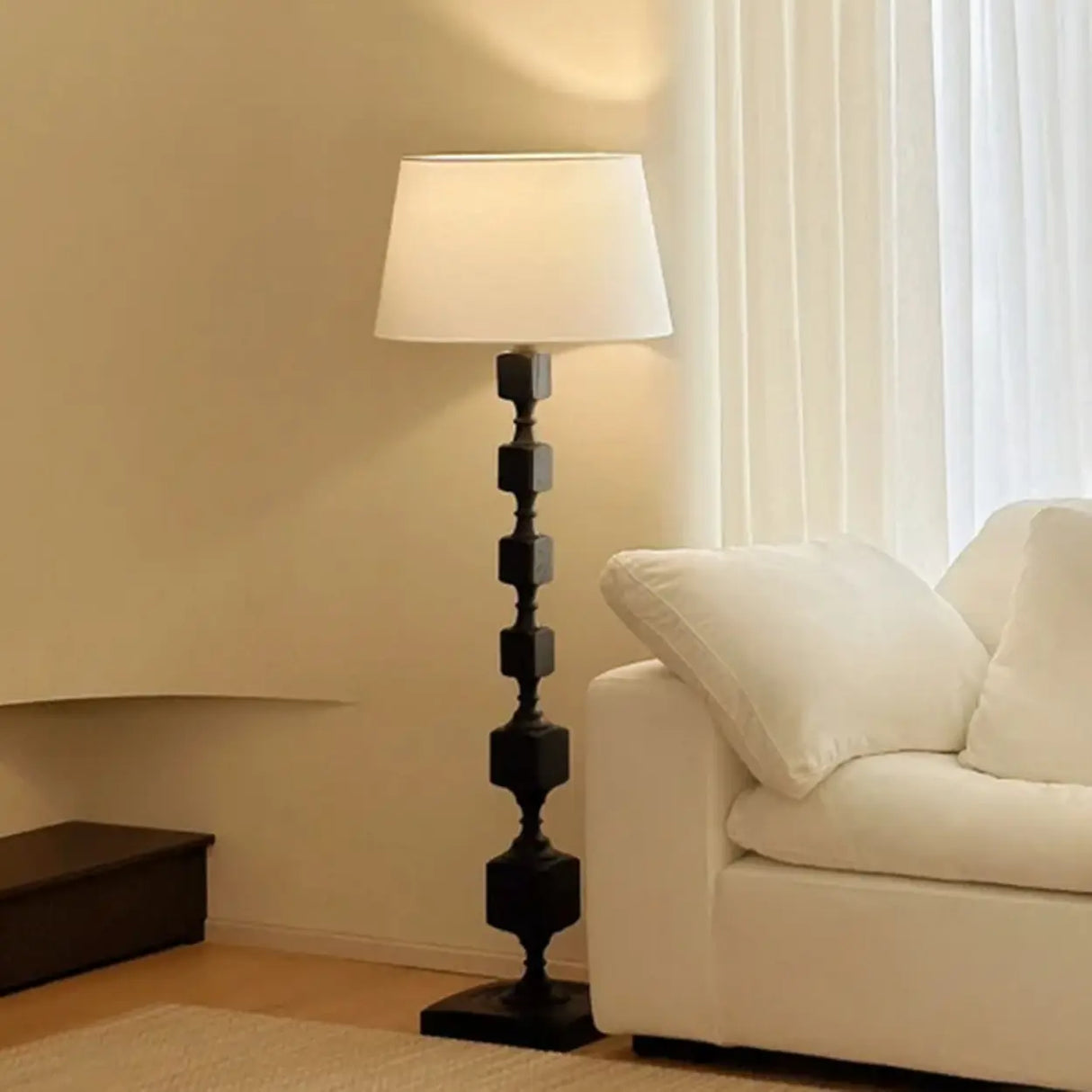 Mid-Century Modern Barrel Fabric Black Wood Floor Lamp Image - 4