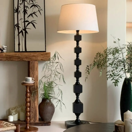 Mid-Century Modern Barrel Fabric Black Wood Floor Lamp Image - 5