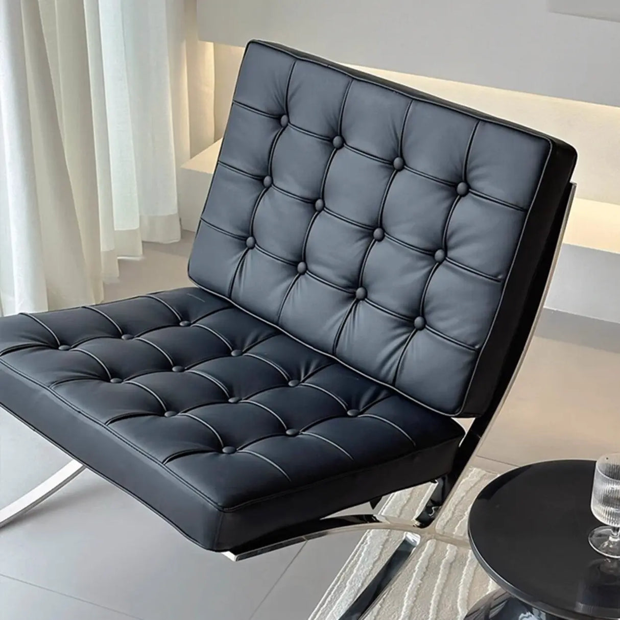 Mid-Century Modern Black Leather Lazy Lounge Accent Chair Image - 3