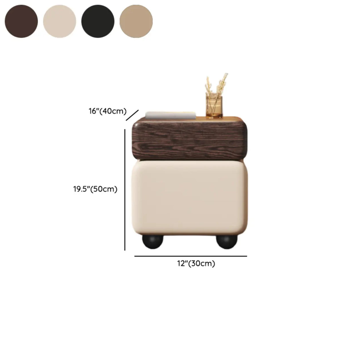 Mid-Century Modern Black Leather Wood Nightstand with Drawers 