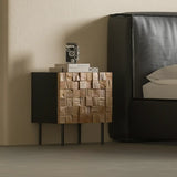 Mid-Century Modern Black Metal Leg Mosaic Wood Nightstand Image - 3