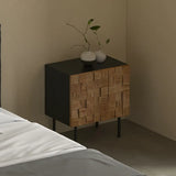 Mid-Century Modern Black Metal Leg Mosaic Wood Nightstand Image - 4