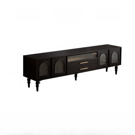 Mid-Century Modern Black TV Stand with Cabinet Glass Doors Image - 2