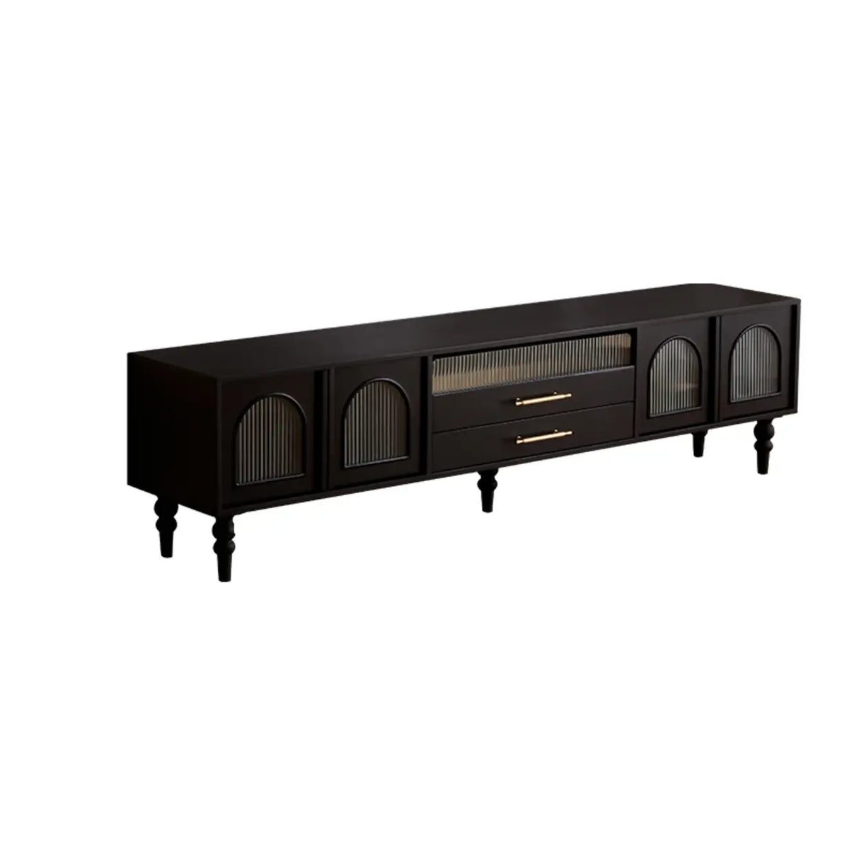 Mid-Century Modern Black TV Stand with Cabinet Glass Doors Image - 3