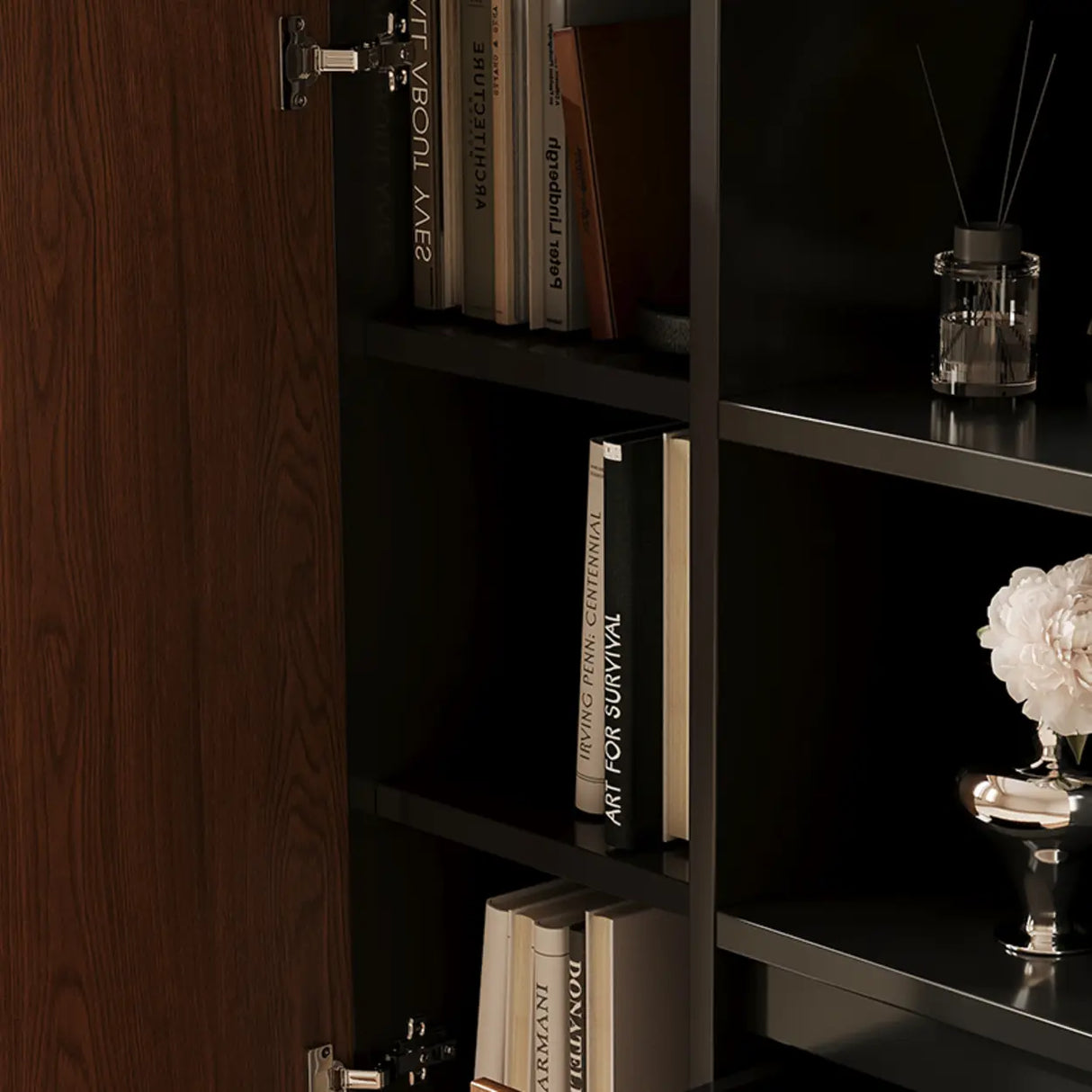 Mid-Century Modern Black Wood Door Bookcase with Drawers Image - 10