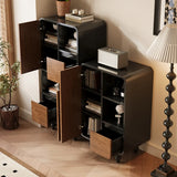 Mid-Century Modern Black Wood Door Bookcase with Drawers Image - 4