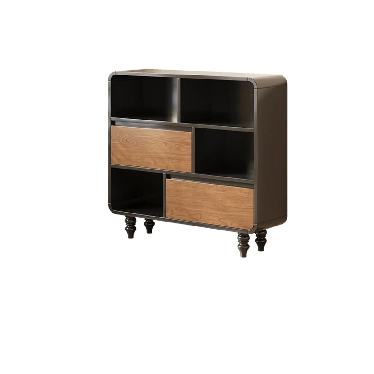 Mid-Century Modern Black Wood Door Bookcase with Drawers Image - 5