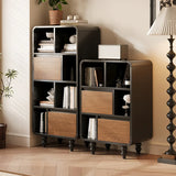 Mid-Century Modern Black Wood Door Bookcase with Drawers Image - 6