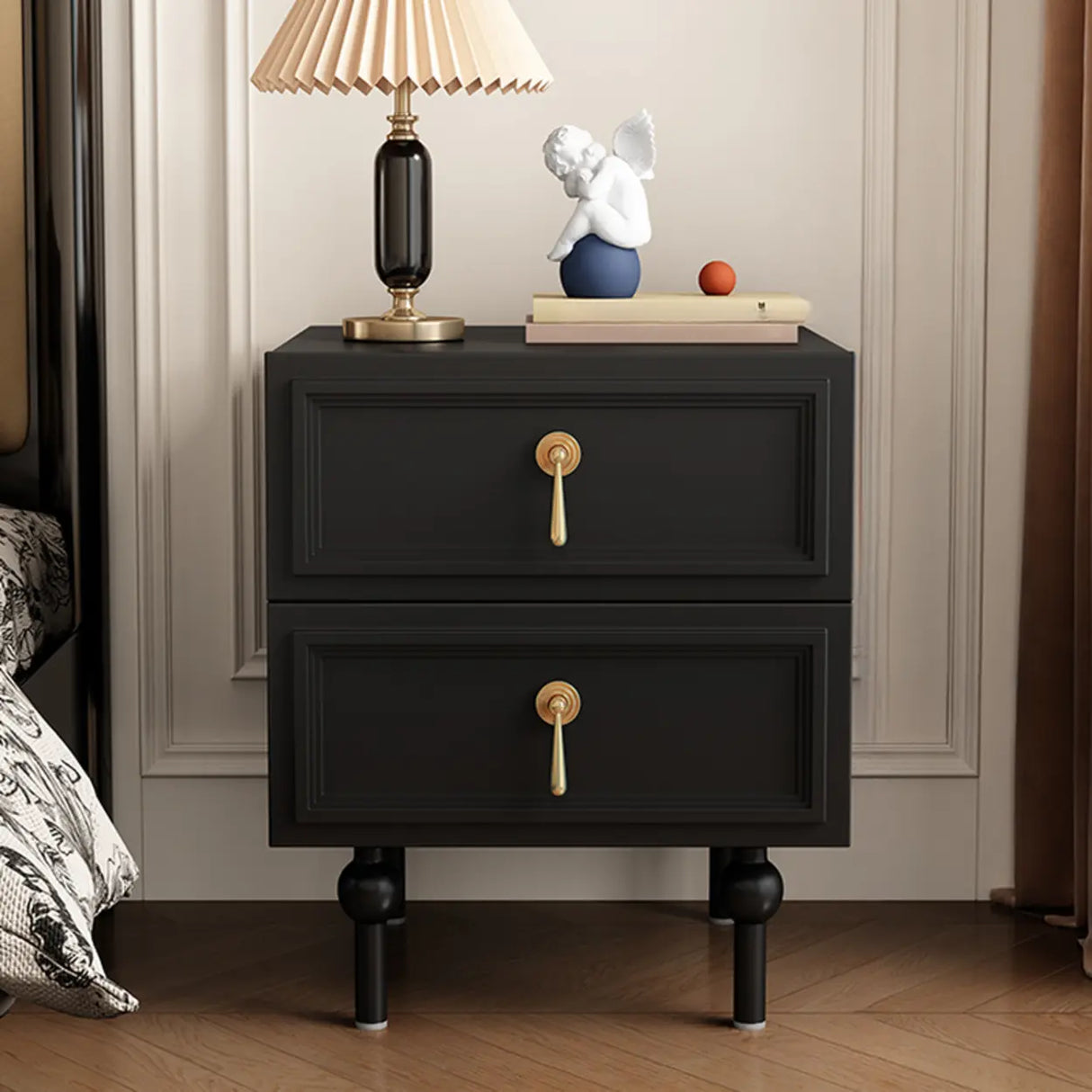 Mid-Century Modern Black Wood Nightstand with 2 Drawers Image - 3