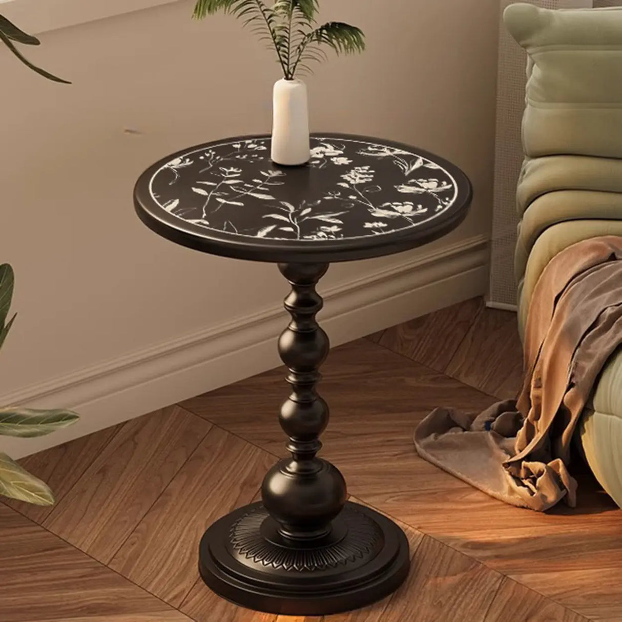 Mid-Century Modern Black Wood Round Pedestal Side Table Image - 15