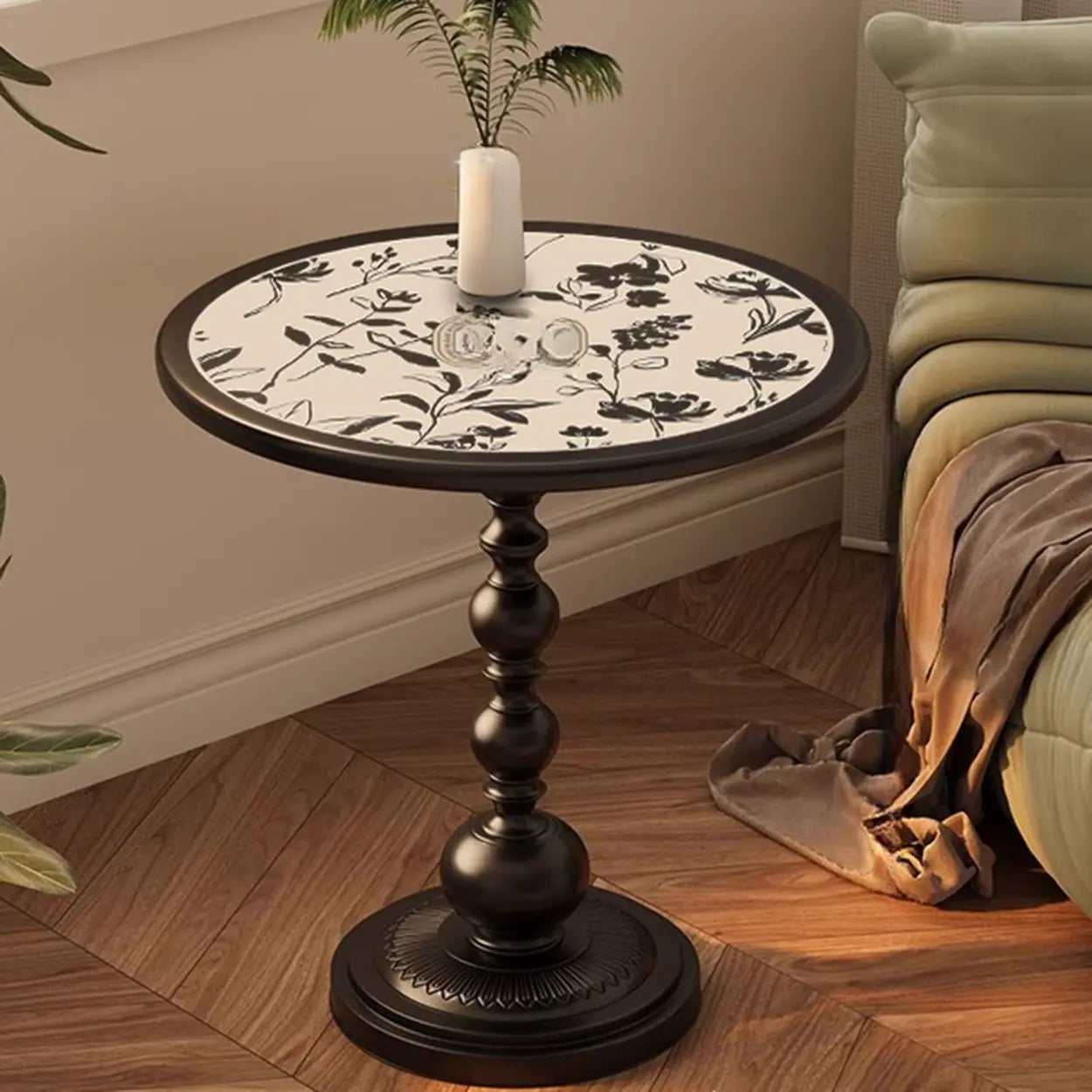 Mid-Century Modern Black Wood Round Pedestal Side Table Image - 17