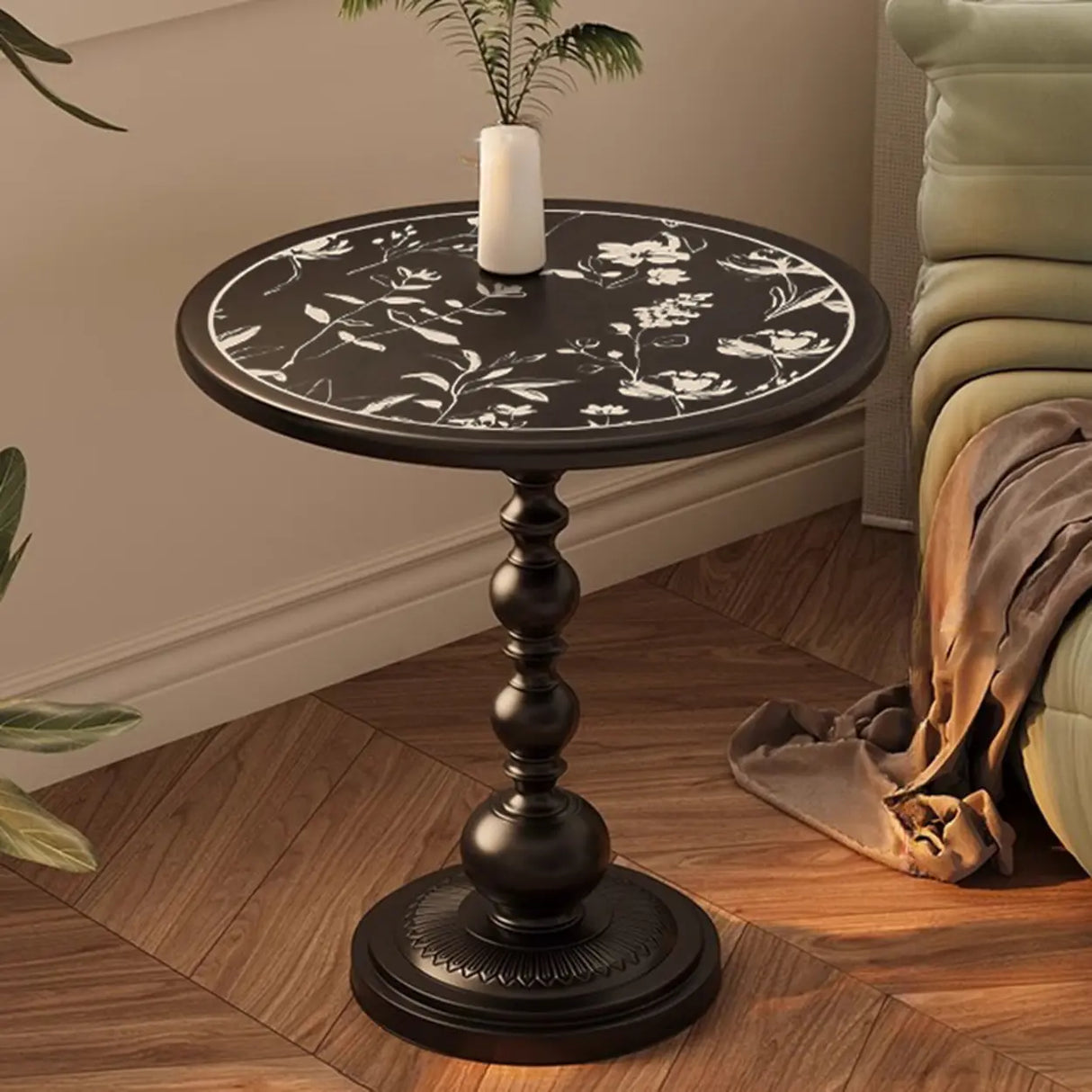 Mid-Century Modern Black Wood Round Pedestal Side Table Image - 24