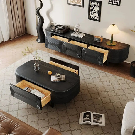 Mid-Century Modern Black Wood TV Stand with Drawers Image - 2