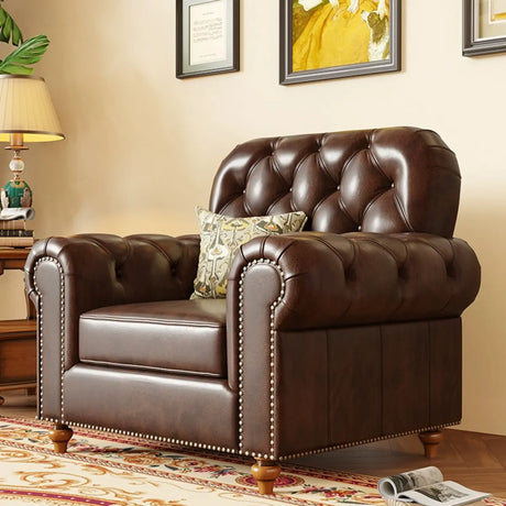 Mid-Century Modern Brown Button Back Pillow Sofa Chair Image - 1