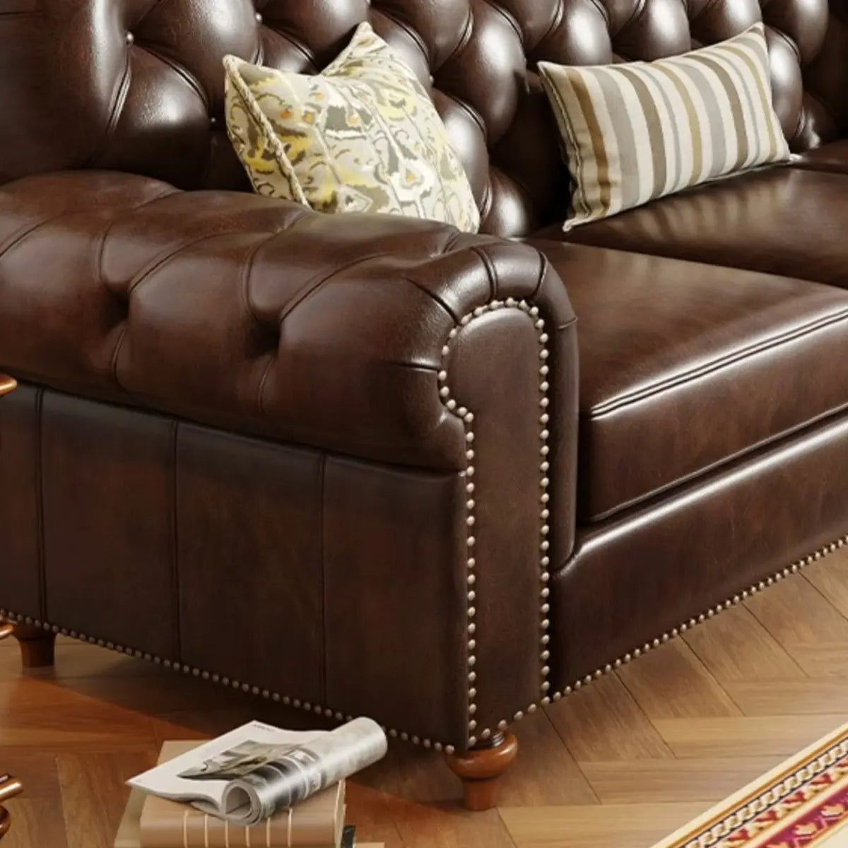 Mid-Century Modern Brown Button Back Pillow Sofa Chair Image - 10