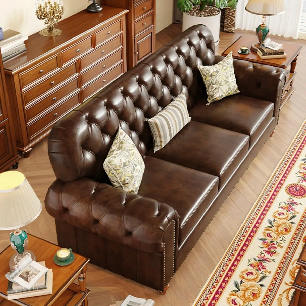 Mid-Century Modern Brown Button Back Pillow Sofa Chair Image - 13