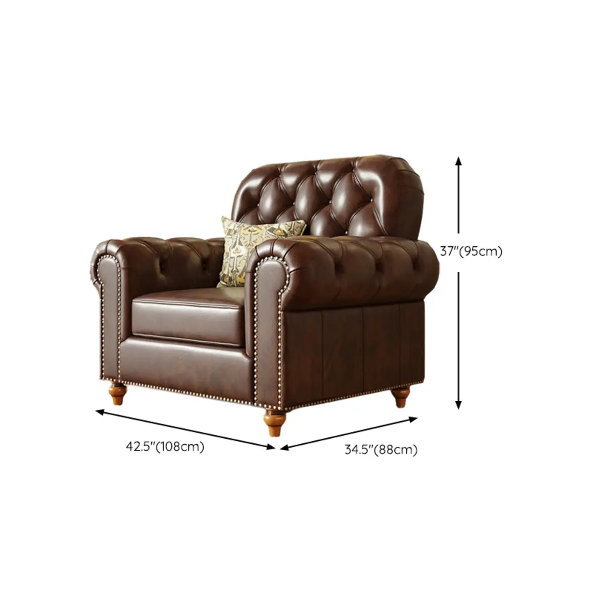 Mid-Century Modern Brown Button Back Pillow Sofa Chair 