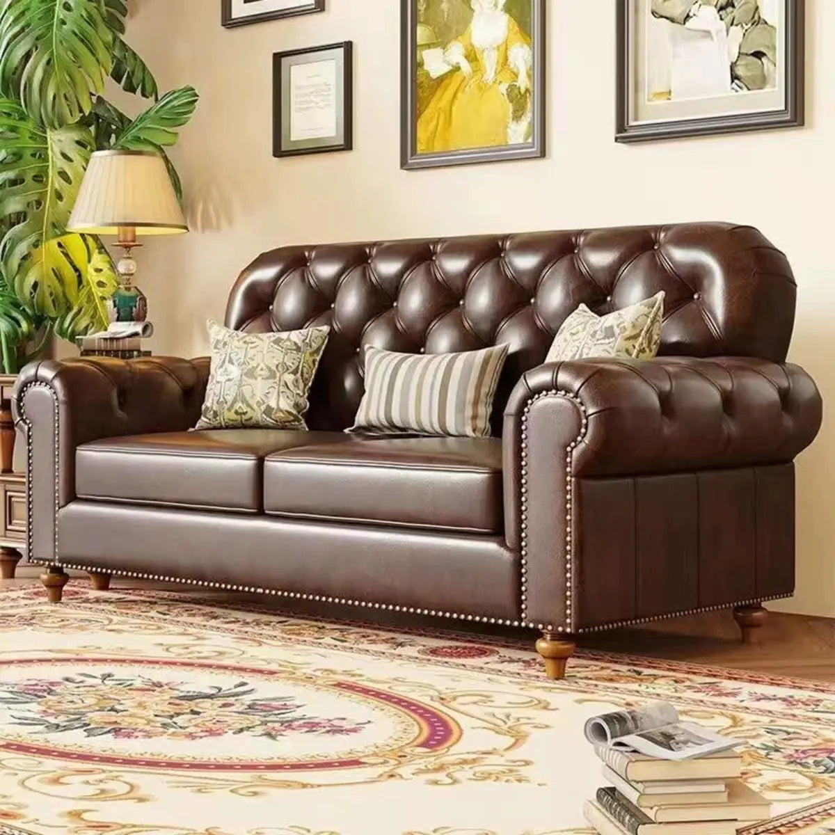 Mid-Century Modern Brown Button Back Pillow Sofa Chair Image - 3
