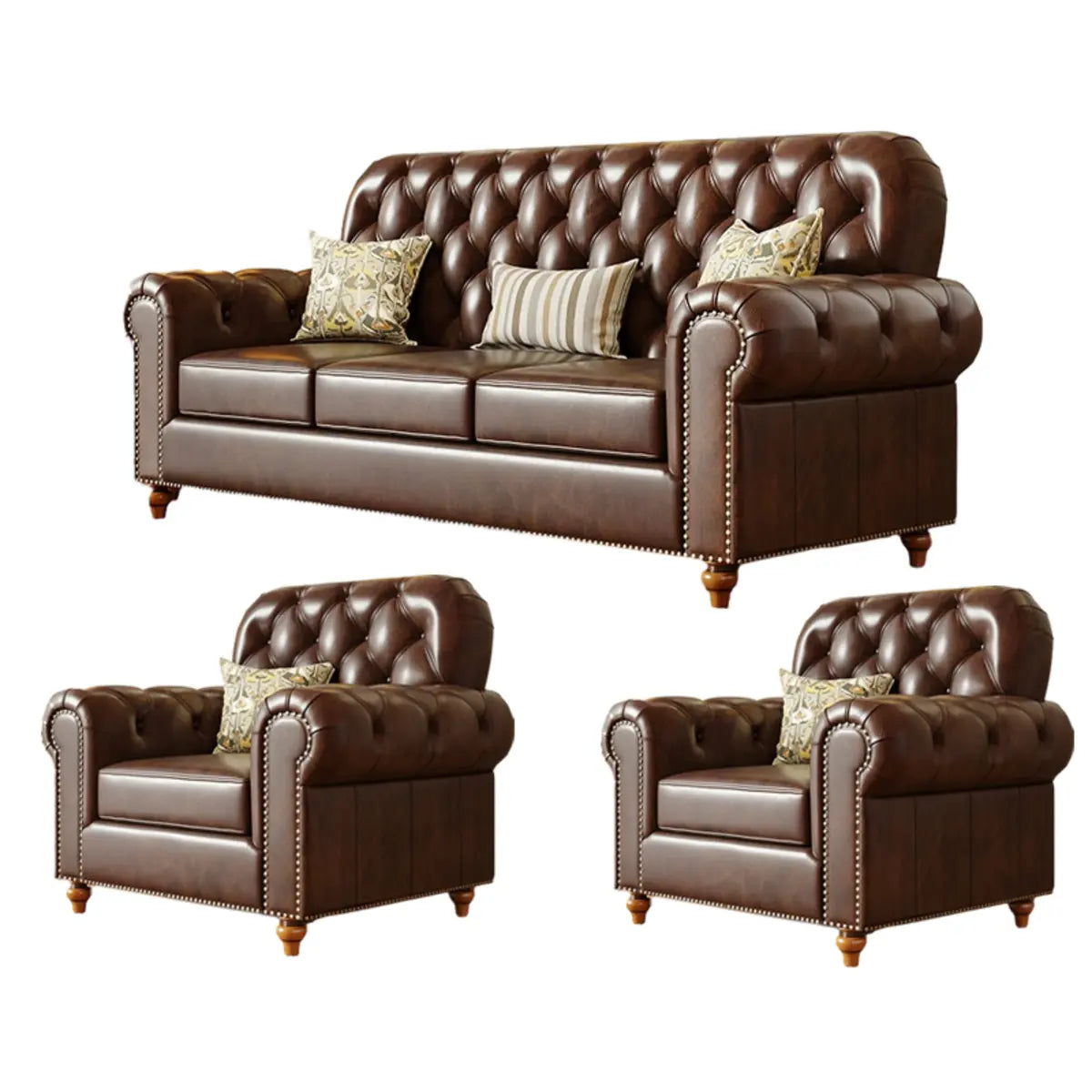 Mid-Century Modern Brown Button Back Pillow Sofa Chair Image - 4