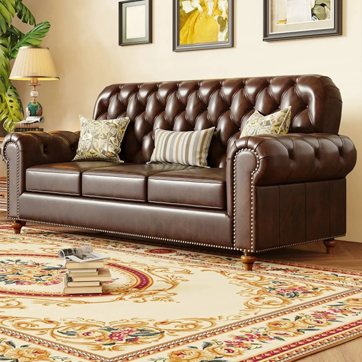 Mid-Century Modern Brown Button Back Pillow Sofa Chair Image - 5