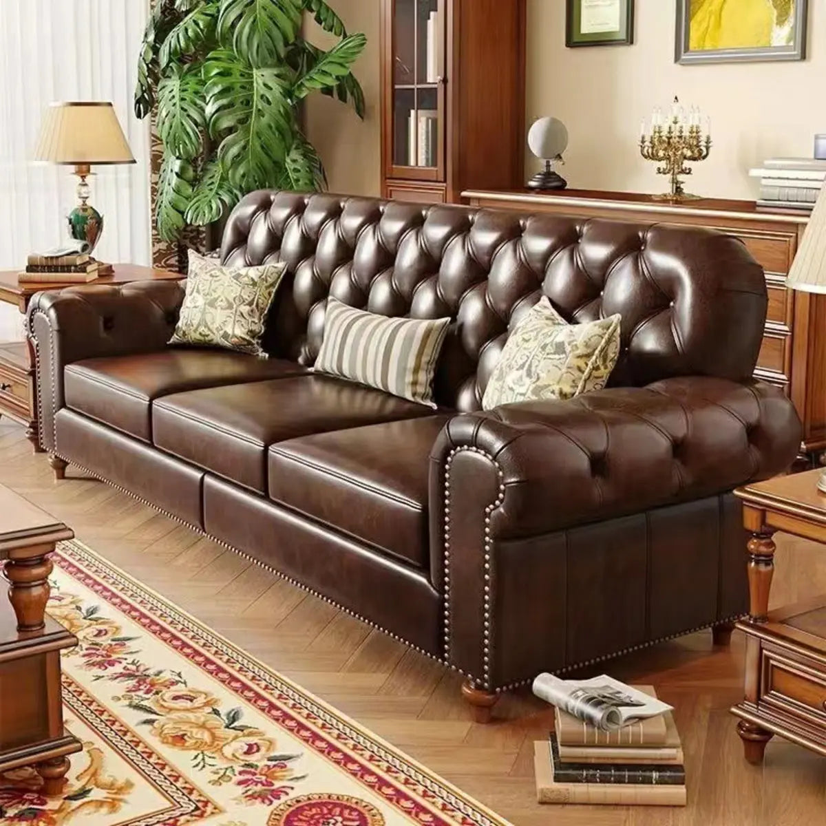 Mid-Century Modern Brown Button Back Pillow Sofa Chair Image - 6