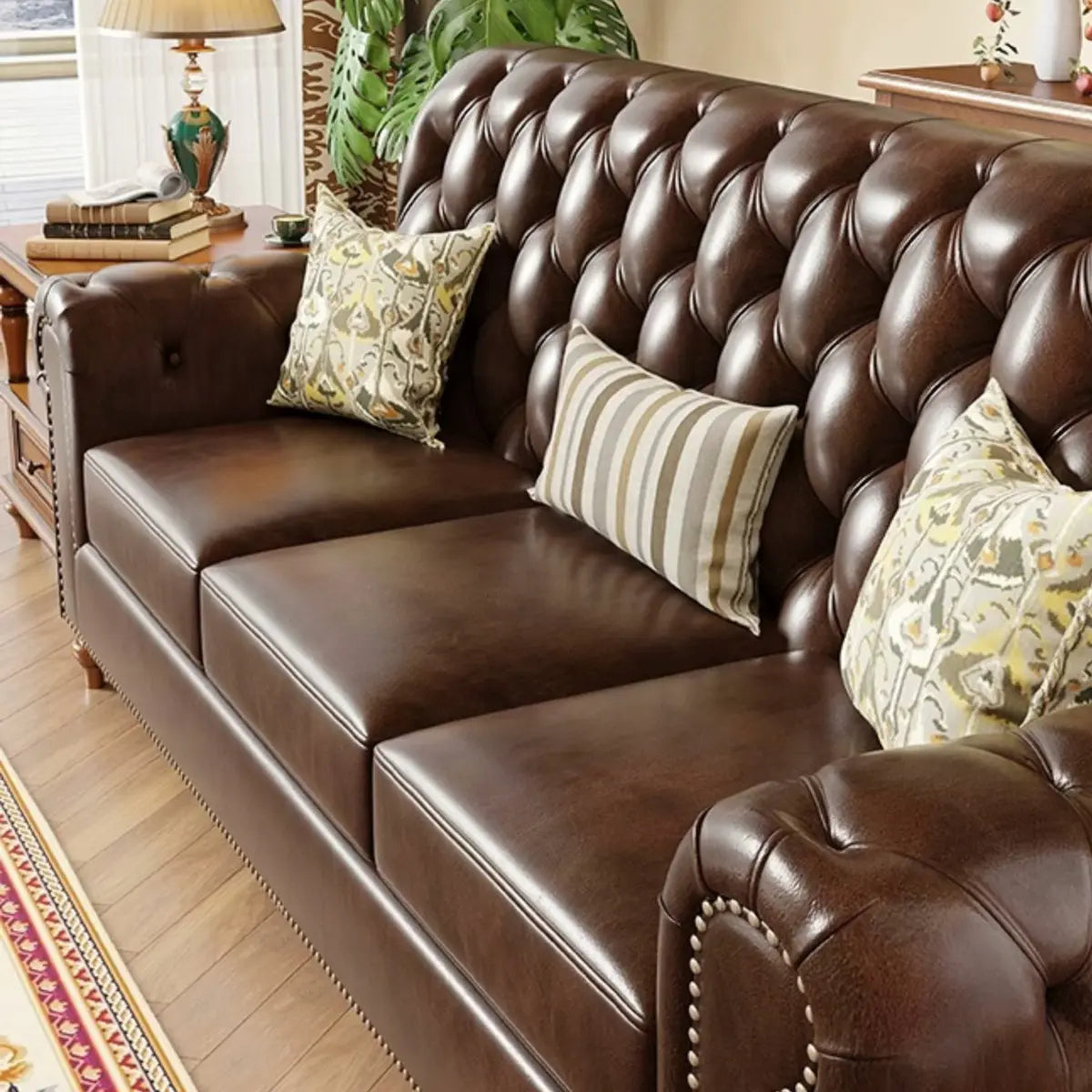 Mid-Century Modern Brown Button Back Pillow Sofa Chair Image - 8