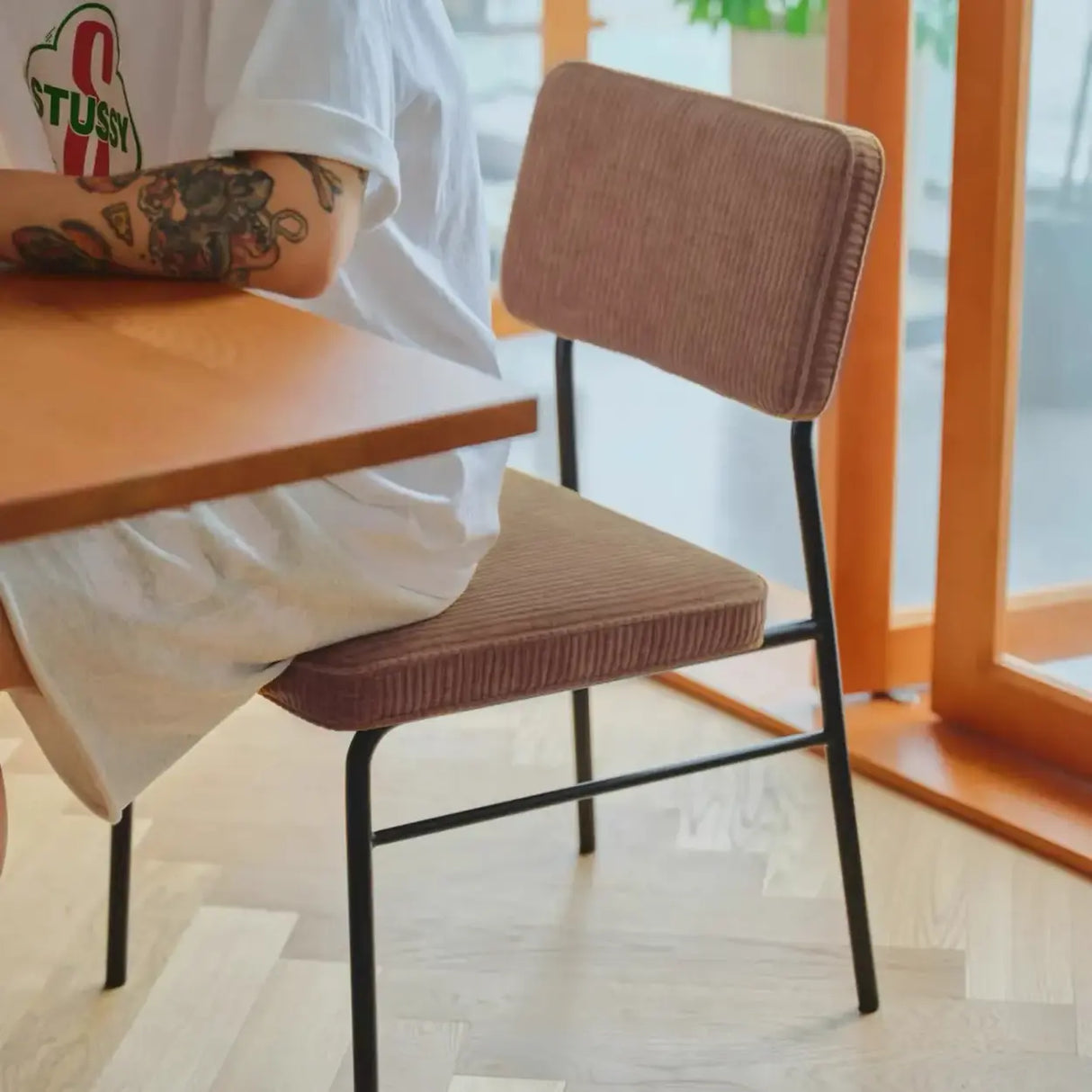 Mid-Century Modern Brown Corduroy Upholstered Dining Chair Image - 4