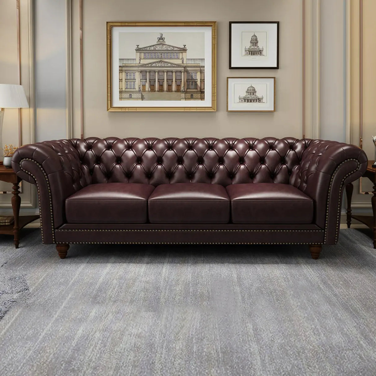 Mid-Century Modern Brown Cow Leather Flared Arm Sofa Image - 1