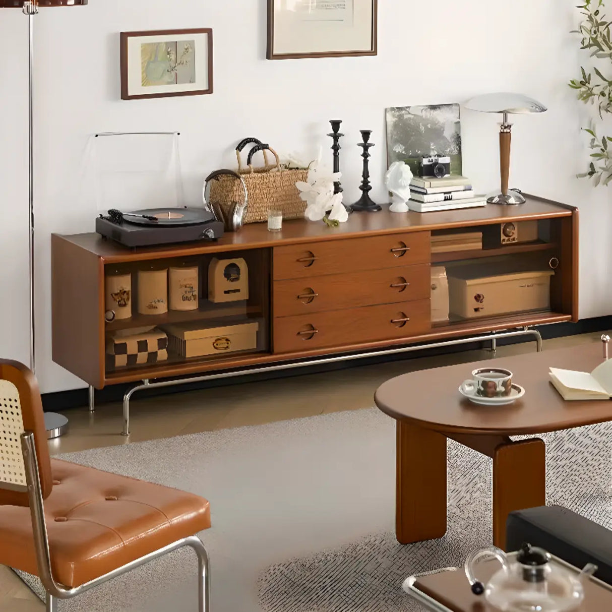 Mid-Century Modern Brown Drawers Rectangle TV Stand Image - 4