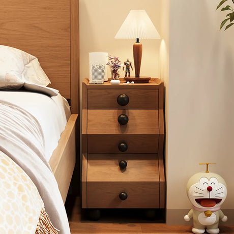 Mid-Century Modern Brown Wood Narrow Nightstand with Drawers Image - 1