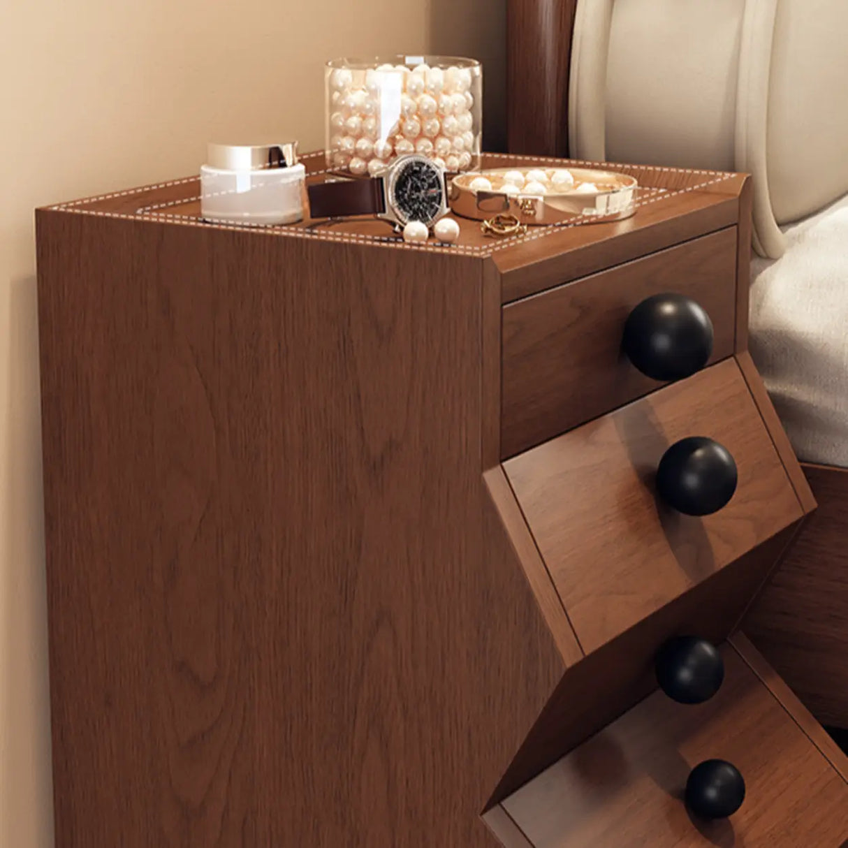 Mid-Century Modern Brown Wood Narrow Nightstand with Drawers Image - 10