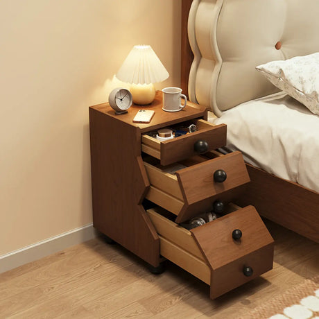 Mid-Century Modern Brown Wood Narrow Nightstand with Drawers Image - 2