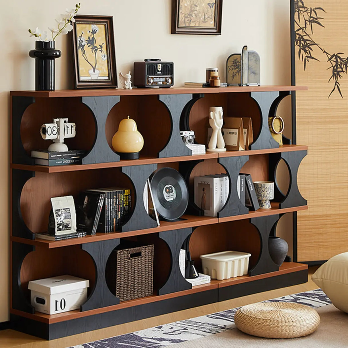 Mid-Century Modern Closed Back Wood Brown Vertical Bookshelf Image - 1