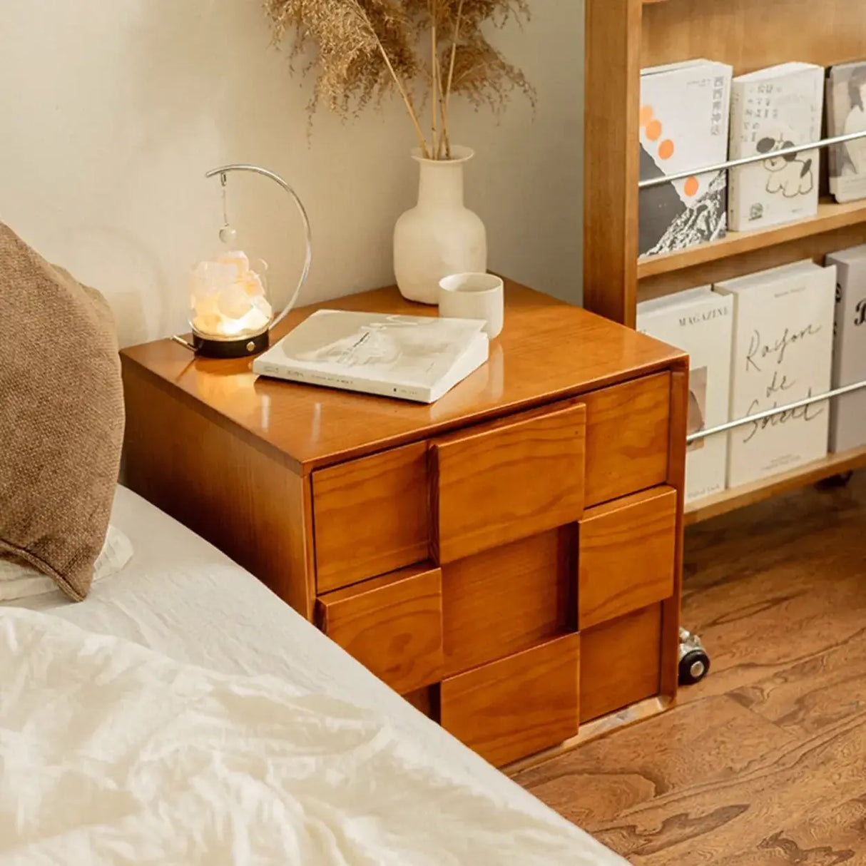 Mid-Century Modern Cube Wood Nightstand with 2 Drawers Image - 3