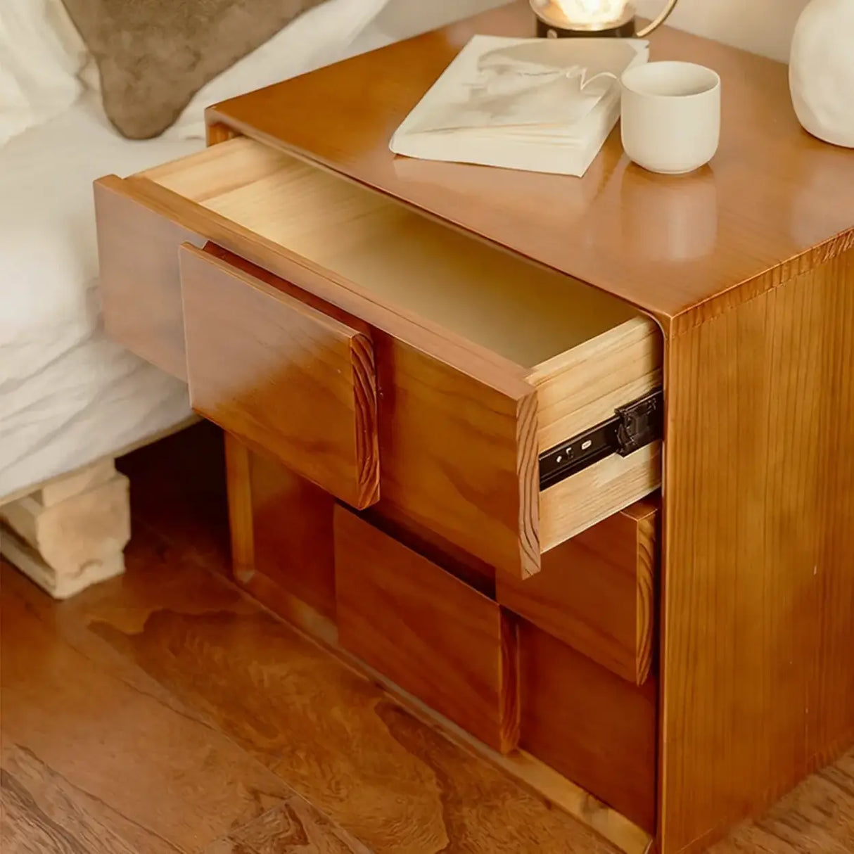 Mid-Century Modern Cube Wood Nightstand with 2 Drawers Image - 4