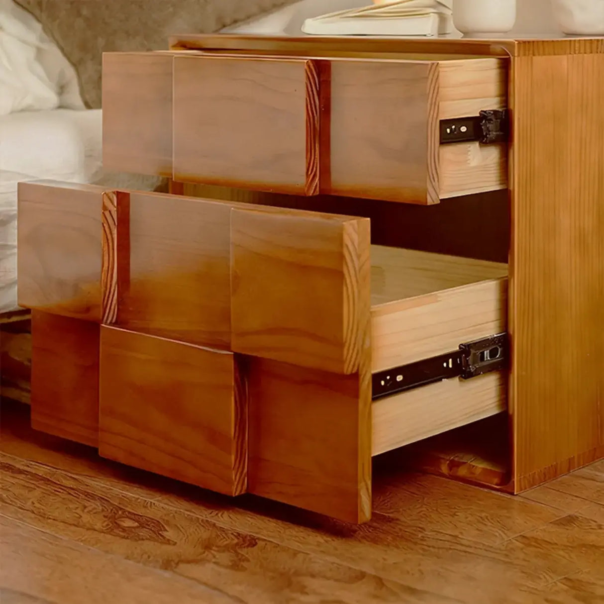 Mid-Century Modern Cube Wood Nightstand with 2 Drawers Image - 5